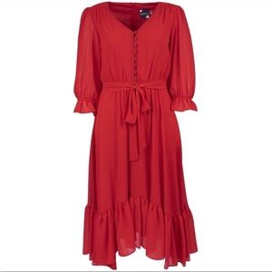 Maison Tara Red Chiffon 3/4 Sleeve Ruffle Hem Tie Waist Button Bodice Midi Dress